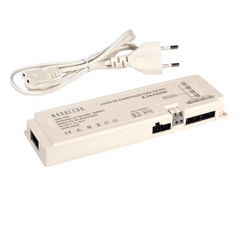 Fonte 12V Nordecor para Móveis 8,3A 100 watts Bivolt IP20 187x55x20mm 7212 PREN