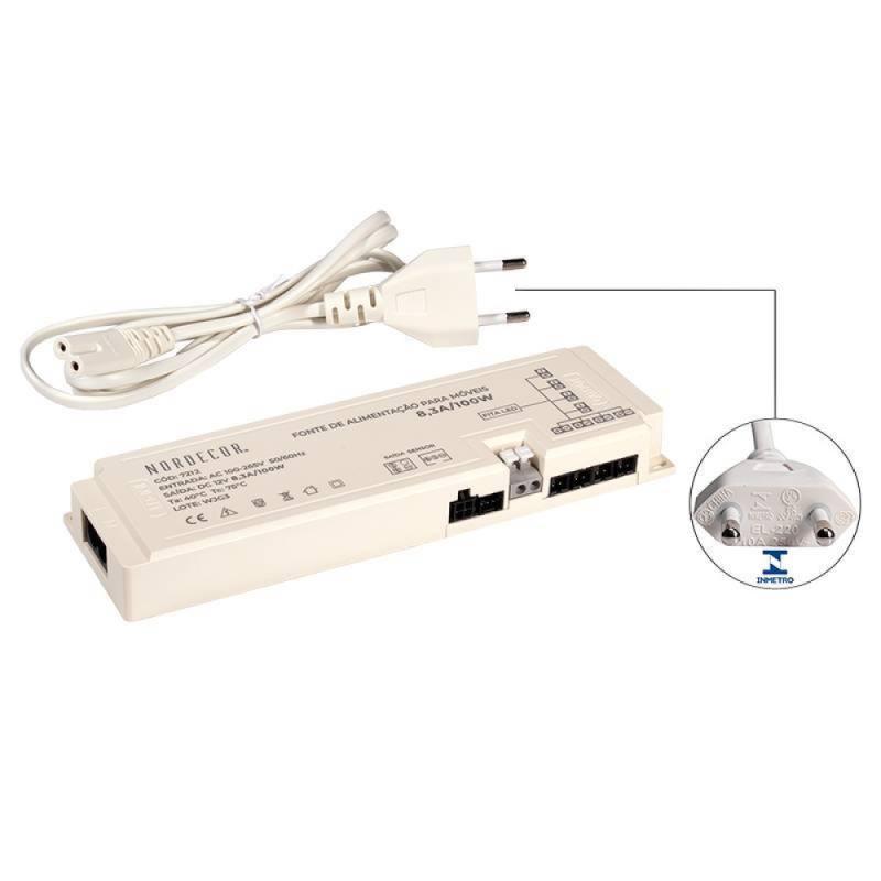 Fonte 12V Nordecor para Móveis 8,3A 100 watts Bivolt IP20 187x55x20mm 7212 PREN
